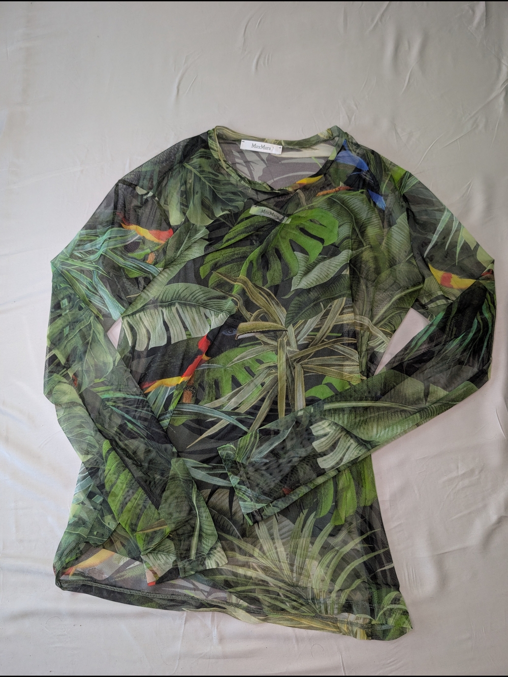 MaxMara Sheer Tropical-Print Long Sleeve Top in Green with Multicolor Accents